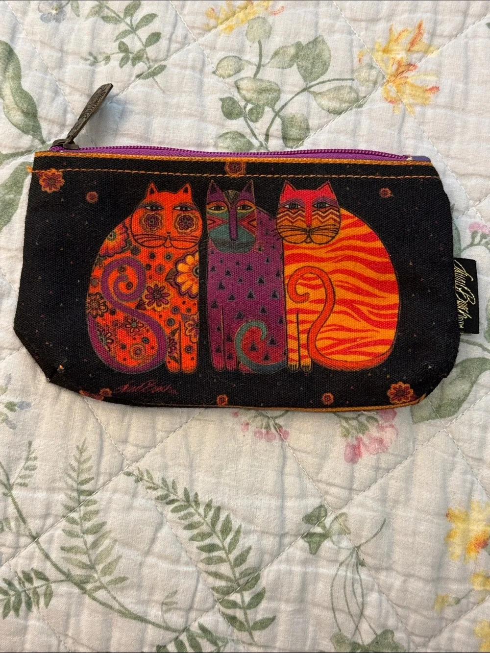 Laurel Burch Colorful Painted Cats On Black Canvas Cosmetic Bag Orange Kitty